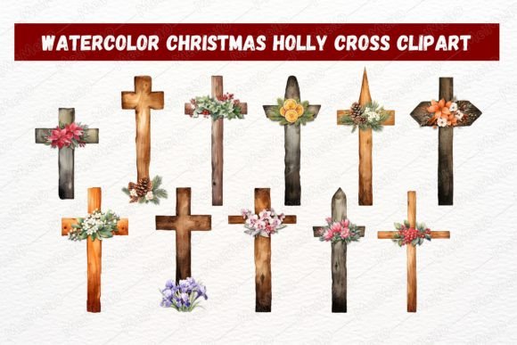 Watercolor Christian Winter Floral Cross Illustrations